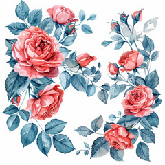 Elegante ghirlanda in stile acquerello con rose vintage dettagliate in piena fioritura, perfetta per inviti e biglietti d'auguri - obrazy, fototapety, plakaty