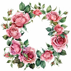Elegante ghirlanda in stile acquerello con rose vintage dettagliate in piena fioritura, perfetta per inviti e biglietti d'auguri - 782299059