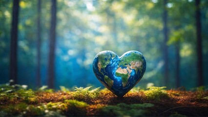 heart-shaped Earth against blurred forest background, represents the harmony between human existence and the environment, call for sustainable lifestyles to preserve Earth biodiversity 