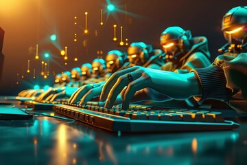 The cyber soldiers with their fingers poised over keyboards - obrazy, fototapety, plakaty