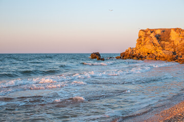 seascape. sea and rocky coast of Crimea, General beaches of the Azov Sea
