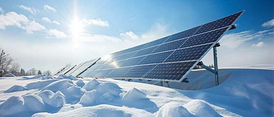 A many solar panels in the snowy landscape , covered with snow.
