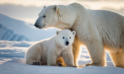 A touching moment between a polar bear and its cub in the snowy Arctic.