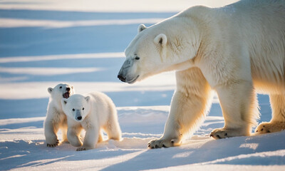 A touching moment between a polar bear and its cub in the snowy Arctic.