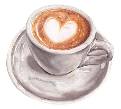 Watercolor cup of latte coffee on white