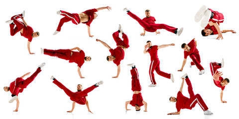 Creative collage made of shots of athletic young guy in casual clothes dancing hip-hop contemporary, breakdance against white background. Concept of street style dance, fashion, youth, hobby, dynamic