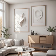 Frame mockup  Living room wall poster mockup. Interior mockup with house background. Modern interior design. 3D render