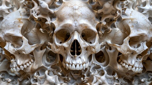 A group of skulls are arranged in a pattern on the wall, AI
