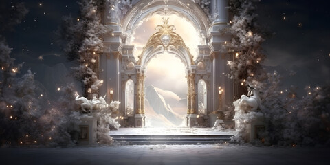 Mystical Baroque Gate in a Snowy Landscape: A Visionary Path to Enlightenment - obrazy, fototapety, plakaty
