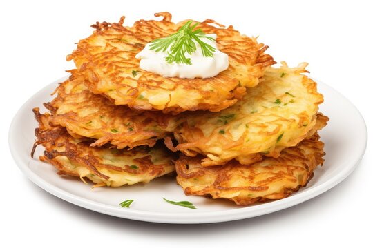 Potato Pancakes, Draniki, Deruny, Potato Latkes, Latkas, Irish Cakes, Raggmunk or Boxties Isolated on White