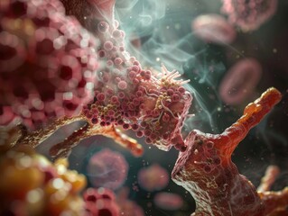 A detailed 3D scene of the human respiratory tract infected with Streptococcus pneumoniae. - obrazy, fototapety, plakaty