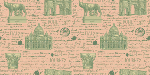 antique italy landmarks in the style of traveler notes and sketches