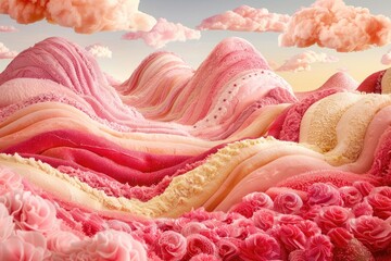 A dreamy landscape where the hills are made of loaves of bread under a cotton-candy sky