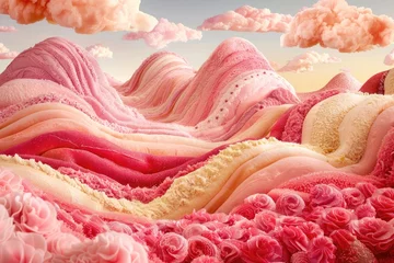 Tableaux ronds sur aluminium brossé Rose clair A dreamy landscape where the hills are made of loaves of bread under a cotton-candy sky