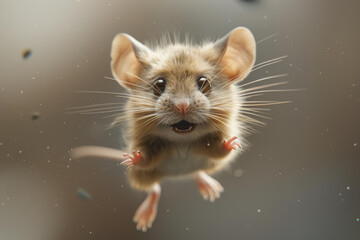 playful mouse leaping in mid-air, surrounded by floating particles, capturing the essence of motion and freedom - obrazy, fototapety, plakaty
