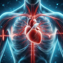 human heart shape with red cardio pulse line.