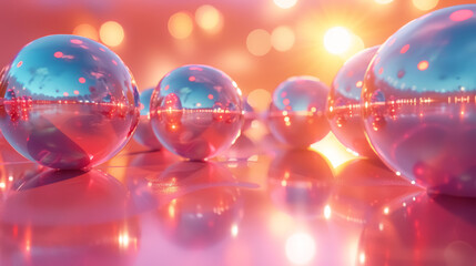 enchanting light spheres on glossy surface amidst radiant glows - obrazy, fototapety, plakaty