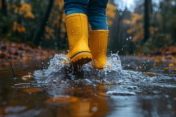 Sunny Boots Splash: Joy of Rainy Days. Concept Rainy Day Fashion, Stylish Rainwear, Fun in the Rain, Rainy Day Photography, Splashing in Puddles