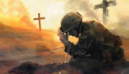  "Christian Soldier Praying with Cross: Digital Painting"