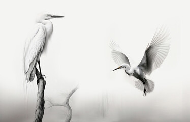 drawing wallpaper of a landscape of heron birds in the middle of the forest lake in ink style