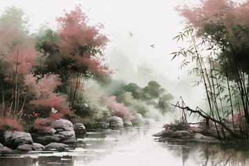 Landscape of an Asian forest on the lake surrounded by trees, bamboo branches, birds and butterflies in a fog atmosphere, watercolor painting