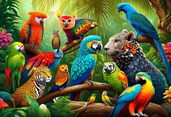 illustration, colorful exotic pets collection natural wildlife domestication, habitat, animals