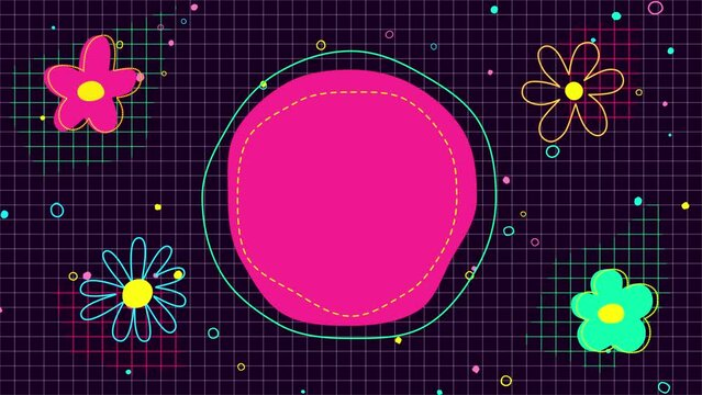 abstract frame and spring flowers memphis style 4k motion background, colorful hand drawn shapes  on dark background, blank design element