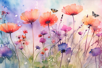 Watercolor of a landscape of blossoms, flower, branches and butterflies with a sky background