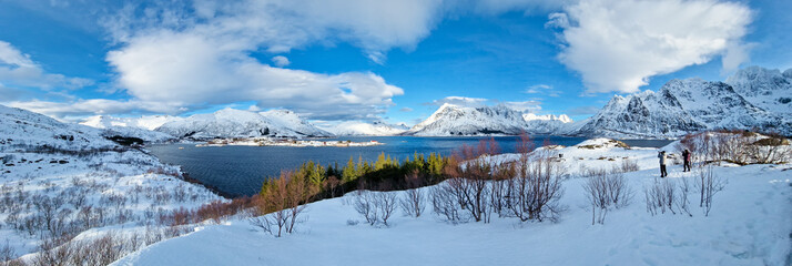 Panoramic view of snow-capped mountains on Austnesfjorden in the Lofoten in northern Norway