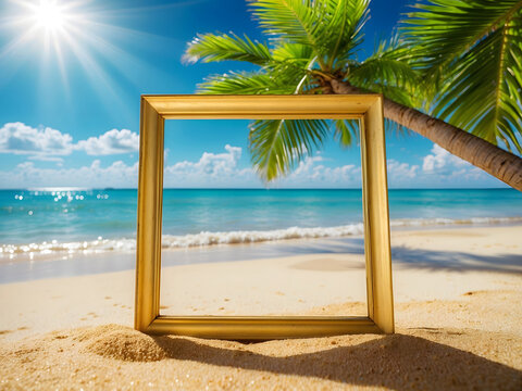 Summer background with the frame, nature of tropical golden beach with rays of sunlight and leaf palm. Golden sand beach close-up, seawater, blue sky, white clouds. Copy space, summer vacation concept
