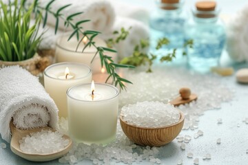 Relaxing candles, bath salts, and skincare products for a spa concept. photo on white isolated background