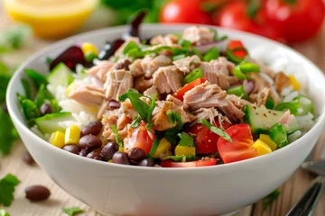 Fototapeten Albacore tuna salad with veggies and rice © The Big L