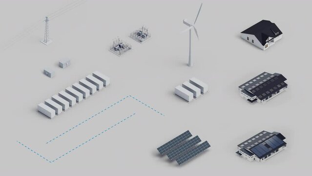 Renewable energy self-assembly kit. Wind turbine, solar panels, battery storage, substation, pcs or inverter, power lines, warehouse, house, electricity flow lines. Isometric view. Loop video. 4K