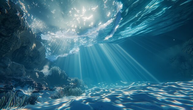 A beautiful underwater scene with sunlight shining on the rocks by AI generated image