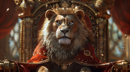 Royal lion sitting on a throne, closeup view.
