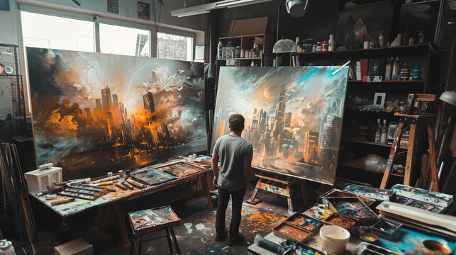 Goal Visualization. An artists studio where a painter is depicting their dreams and goals on a vast canvas.