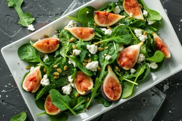 Arugula spinach fig goat cheese salad on white plate top view on slate