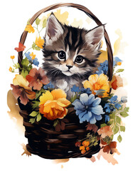 watercolor little cute cat in summer flower basket clipart sublimation
