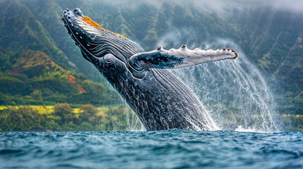 A humpback whale is jumping out of the sea in front of a tropical coast