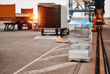 Spare Parts Stores Provision Supply Requisition Delivery Logistics. Cargo Truck And Wooden Euro Pellet Loaded With Stores And Ready For Delivery On Ship. - obrazy, fototapety, plakaty