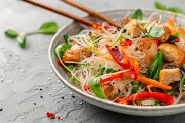 Asian salad with glass noodles chicken and veggies on grey background Side view close up with chopsticks