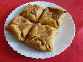 Tasty Indian Egg Puffs Pastry Photography. Indian Tea Time Puff Pastry Snacks for Breakfast.
