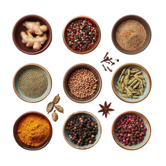 Various spices in bowls on transparent background