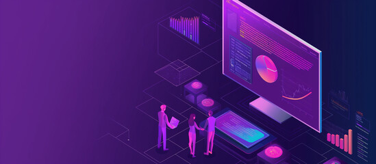 Right aligned two analysts working with interactive infographics in a futuristic virtual interface environment, analyzing data trends and statistics for business intelligence