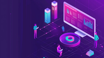 Right aligned vibrant isometric illustration featuring data analysis concept, with people analyzing data on a large screen surrounded by technology devices