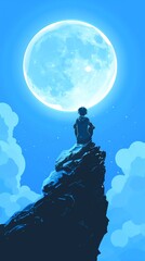 A boy sits on a cliff, looking up at the full moon. - obrazy, fototapety, plakaty