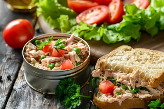 Assembling tuna sandwich with canned tuna bread lettuce and tomato on wooden surface