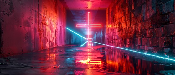 A cross is lit up in a dark room with a blue background by AI generated image