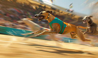 A dogs running in stadium, racing hounds.