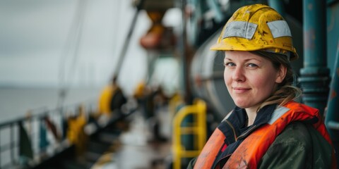 Caucasian female maritime worker in weathered safety helmet standing on ship deck, looking into distance.